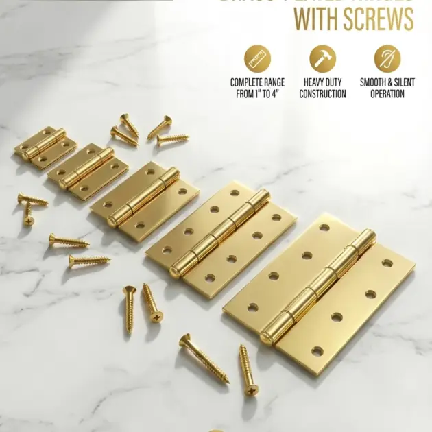 BESTGUARD Premium Brass-Plated Door Hinges with Screws | 1"-4" Sizes, Heavy-Duty Silent & Rust-Proof