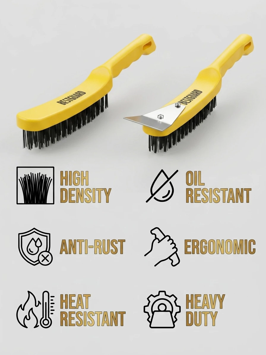 BESTGUARD Wire Brush Set Rust Paint Remover Steel Brush with Scraper 23cm 17cm - Image 9